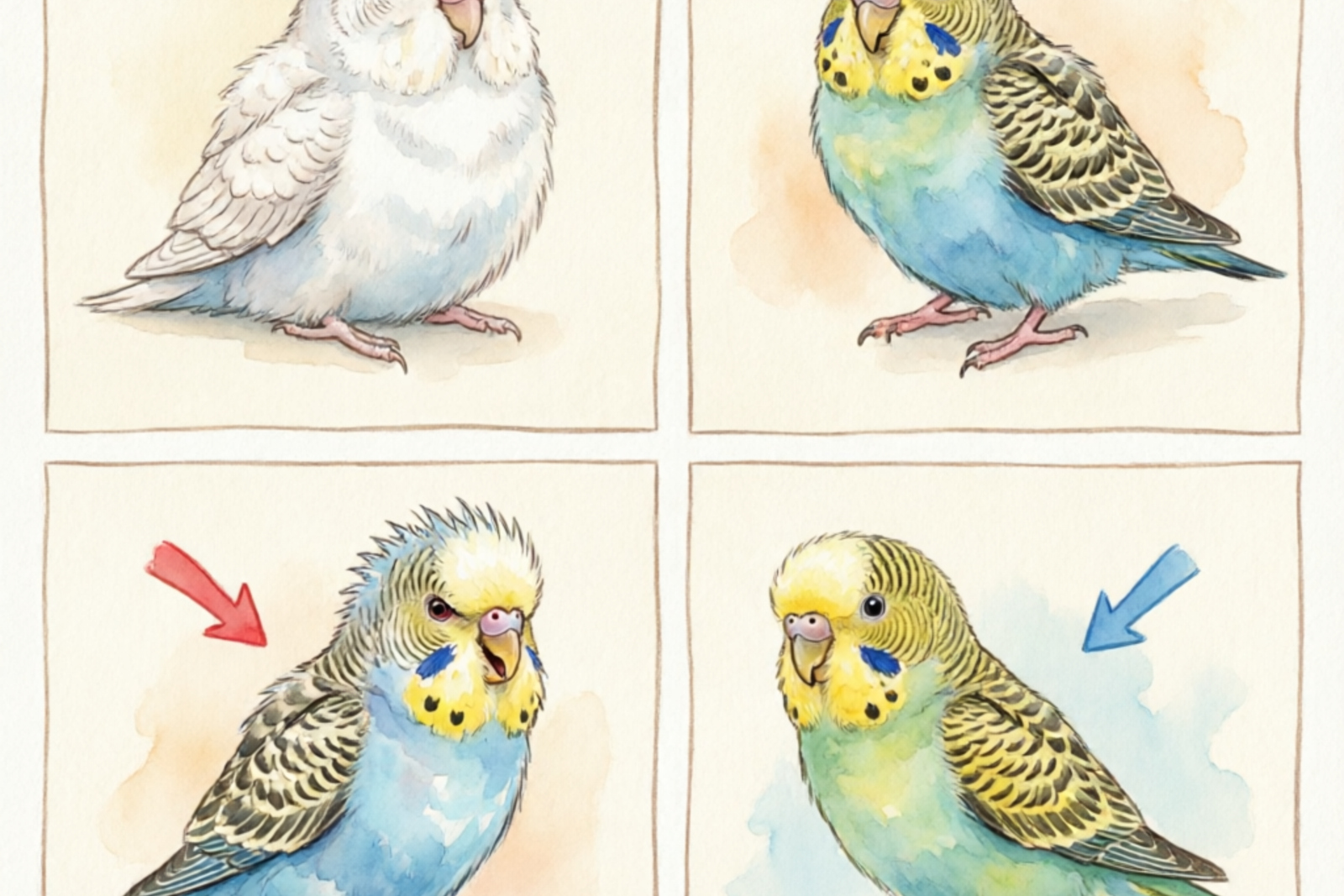 Budgie body language signals: relaxed, scared, angry, and curious states
