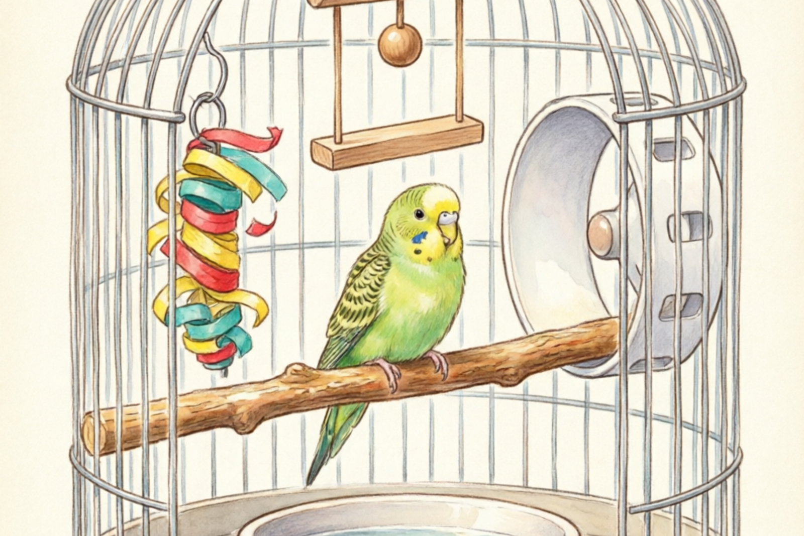 Ideal budgie cage enrichment setup with toys, perches, and foraging opportunities