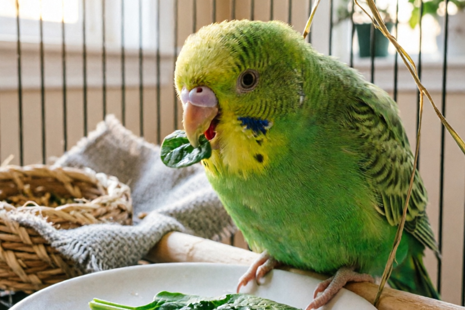 Budgie eating spinach