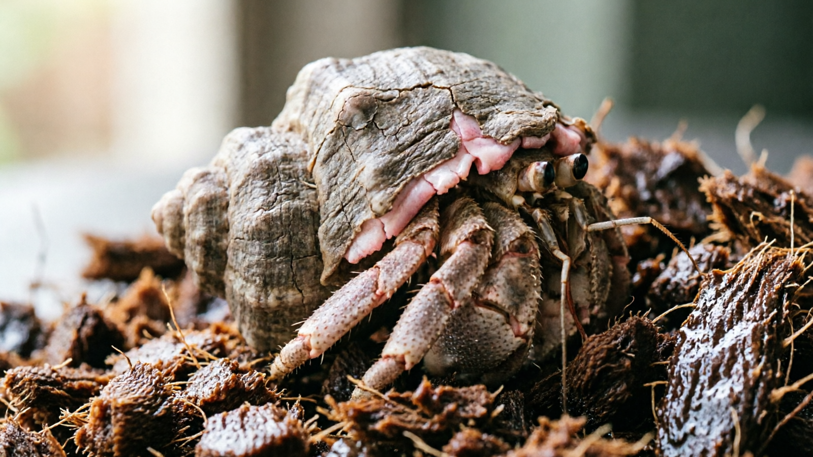 Hermit crab partially emerged from burrow in moist substrate