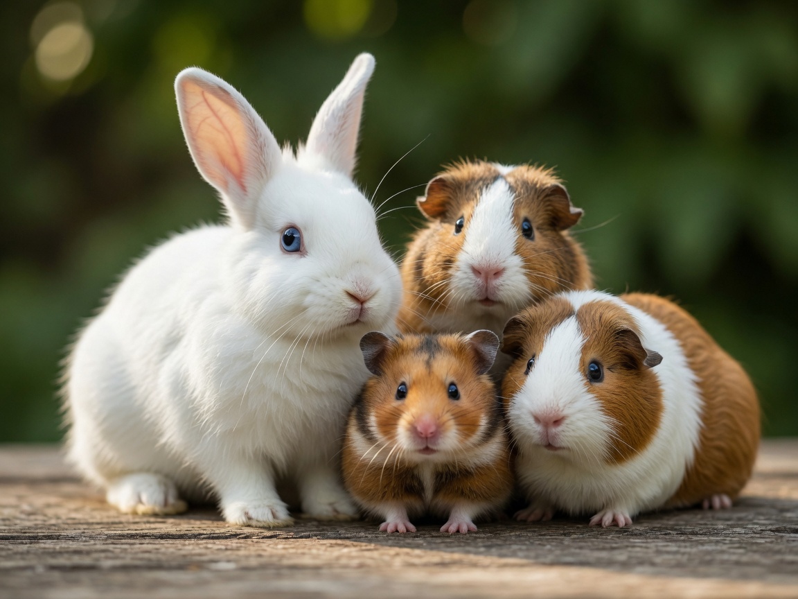 A rabbit, a hamster, and two guinea pigs sitting together