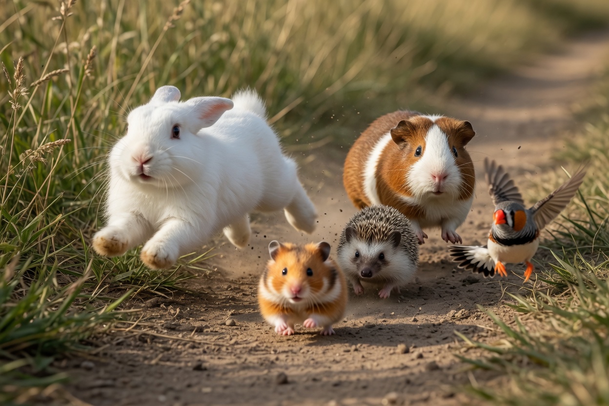 A rabbit, a guinea pig, a hamster, a hedgehog, and a finch running along a path