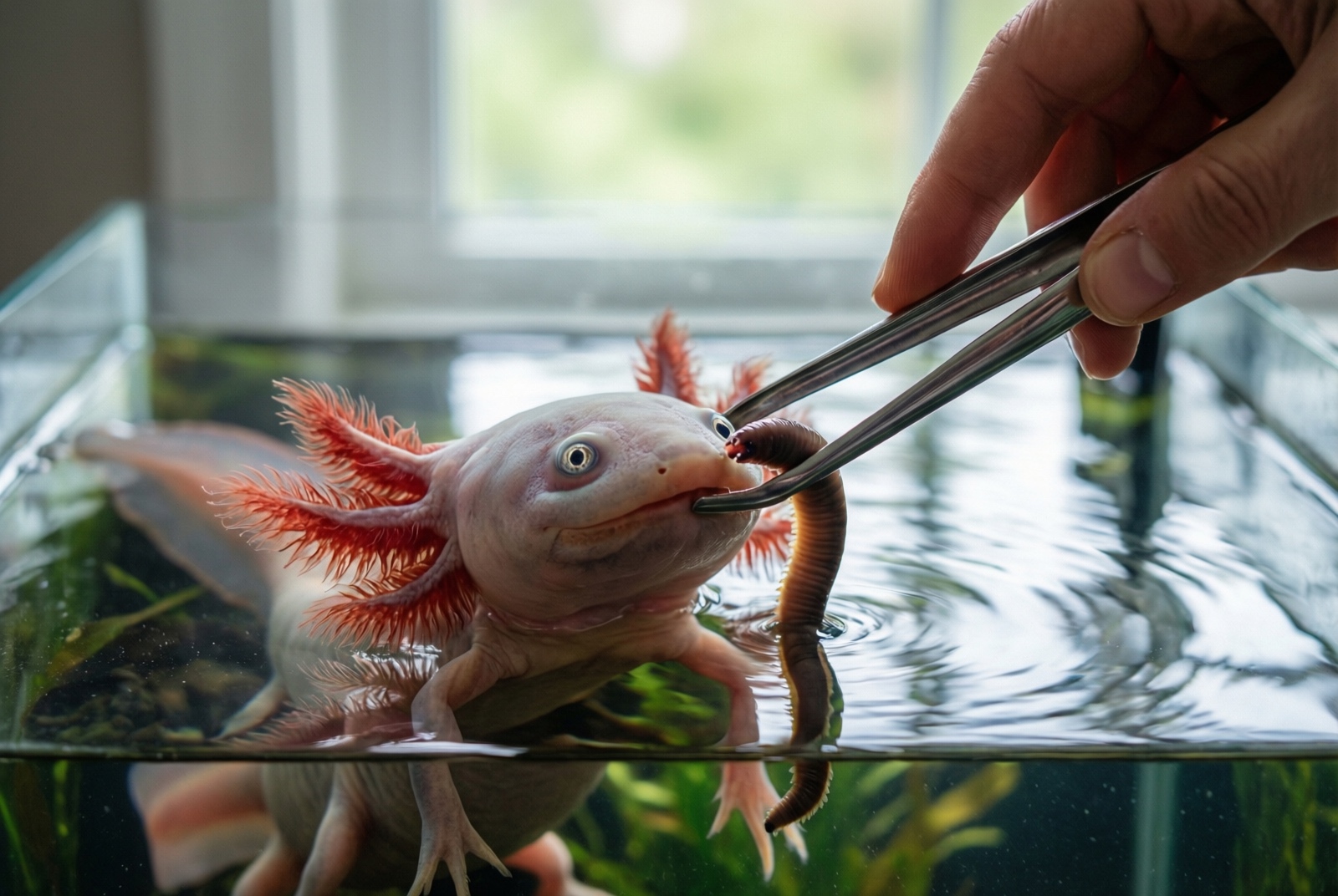 Feeding axolotl with tongs