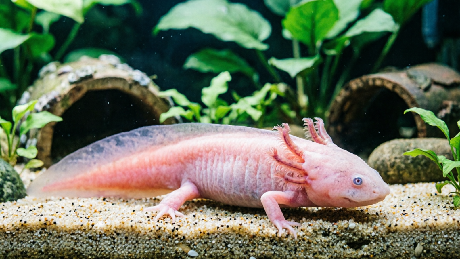 Axolotl in natural sand habitat with fine pool filter substrate
