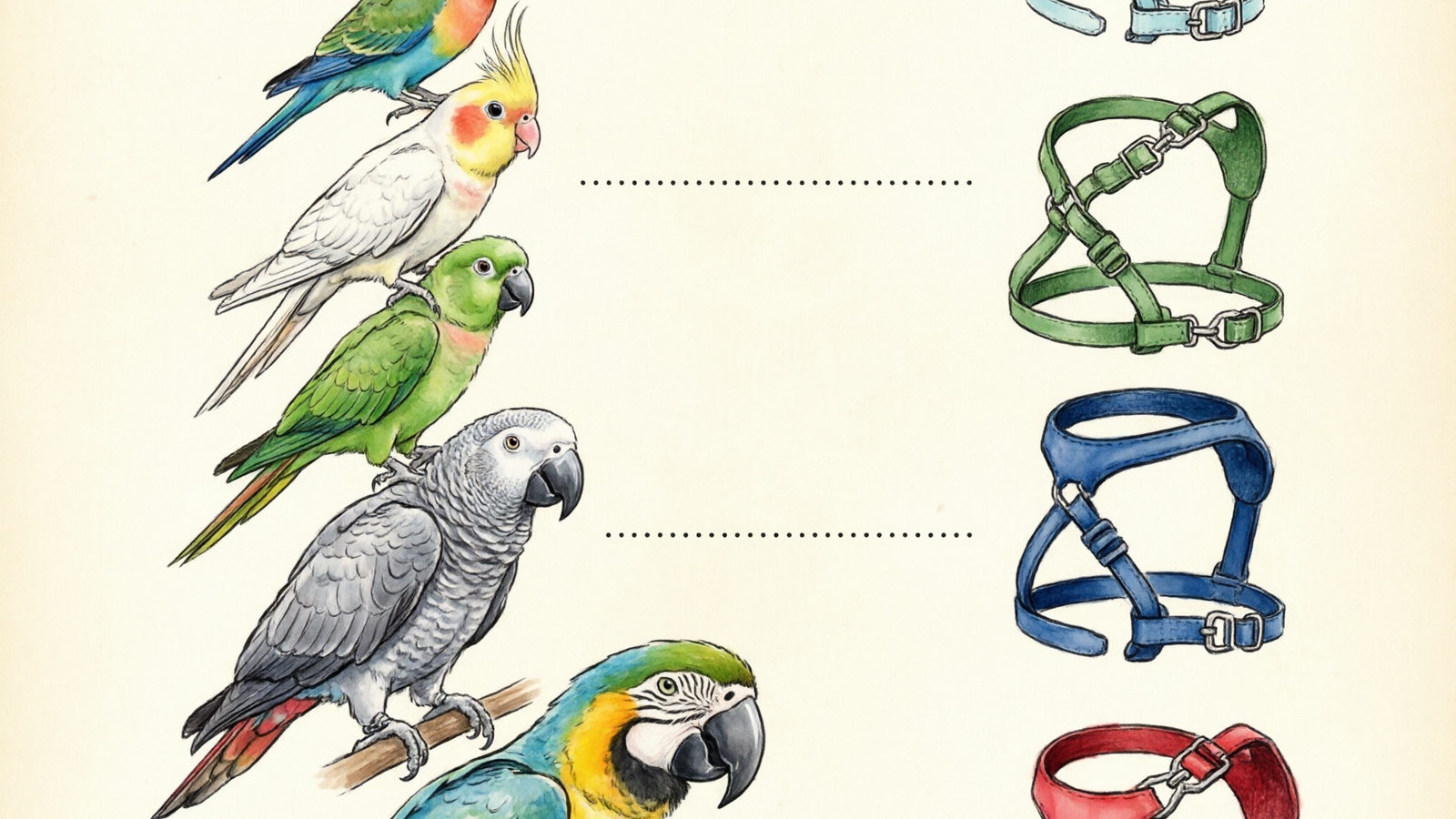 Hand-drawn watercolor species-to-harness sizing chart for pet birds