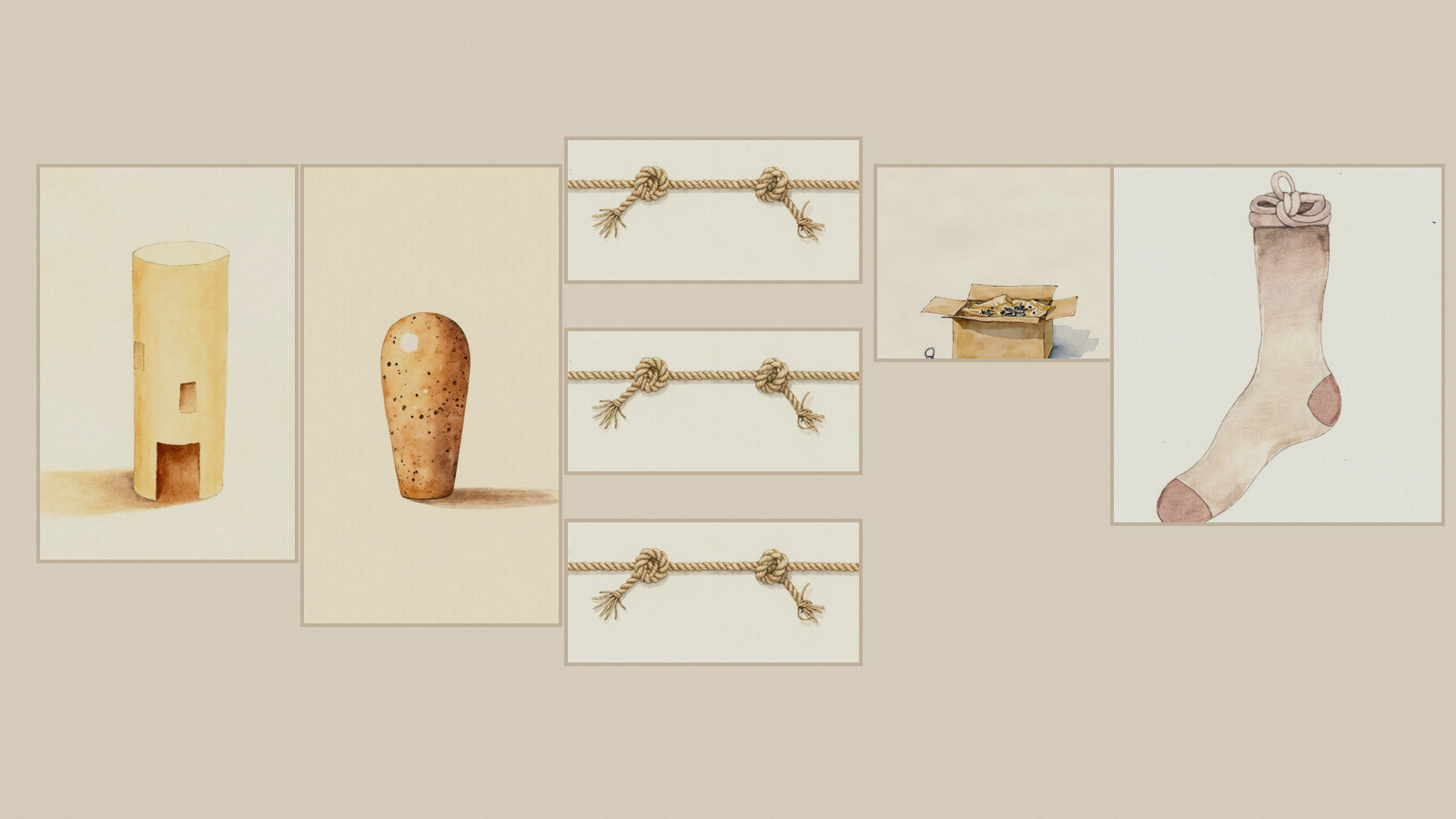 Watercolor panel of five homemade bird toys: a paper tube with openings, a tapered cork, three ropes with knots at both ends, an open box with a separate ring, and a sock with the toe, heel, and a tied cuff