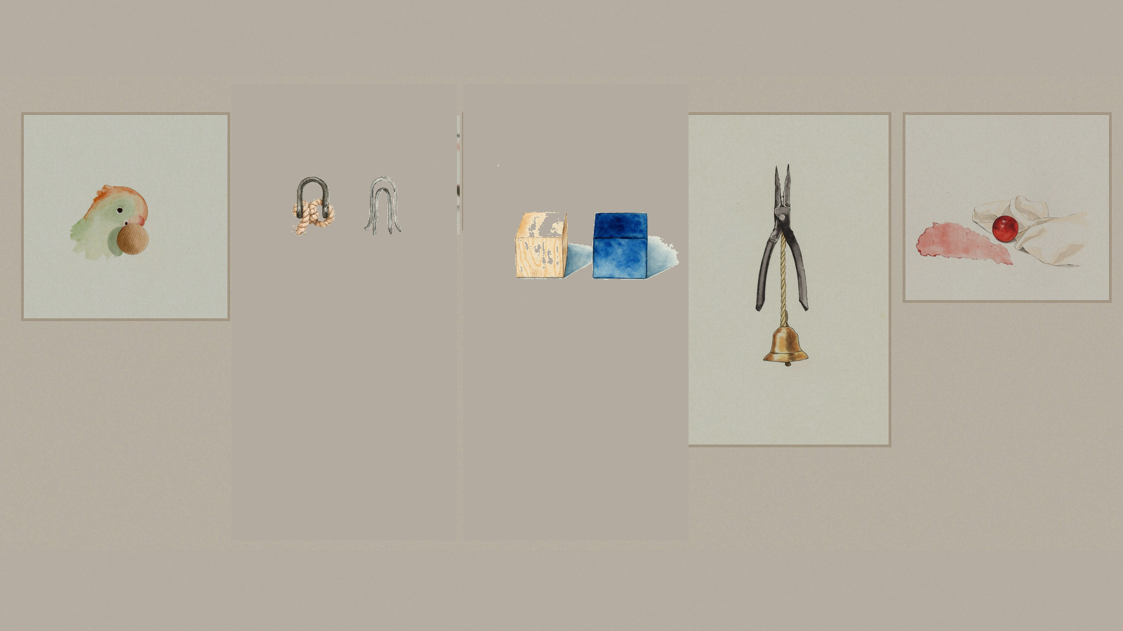 Watercolor studies of the five pre-purchase checks: a bird head beside a wider bead, a closed metal ring beside an open clip, a plain wood block beside a blue block, pliers and a bell, and a cloth beside a red bead
