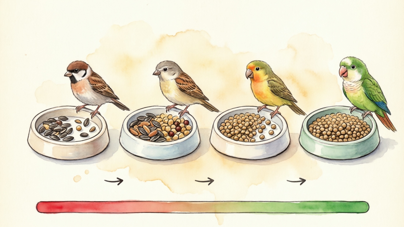 Hand-drawn watercolor illustration showing a 4-step timeline for transitioning a conure from seeds to pellets
