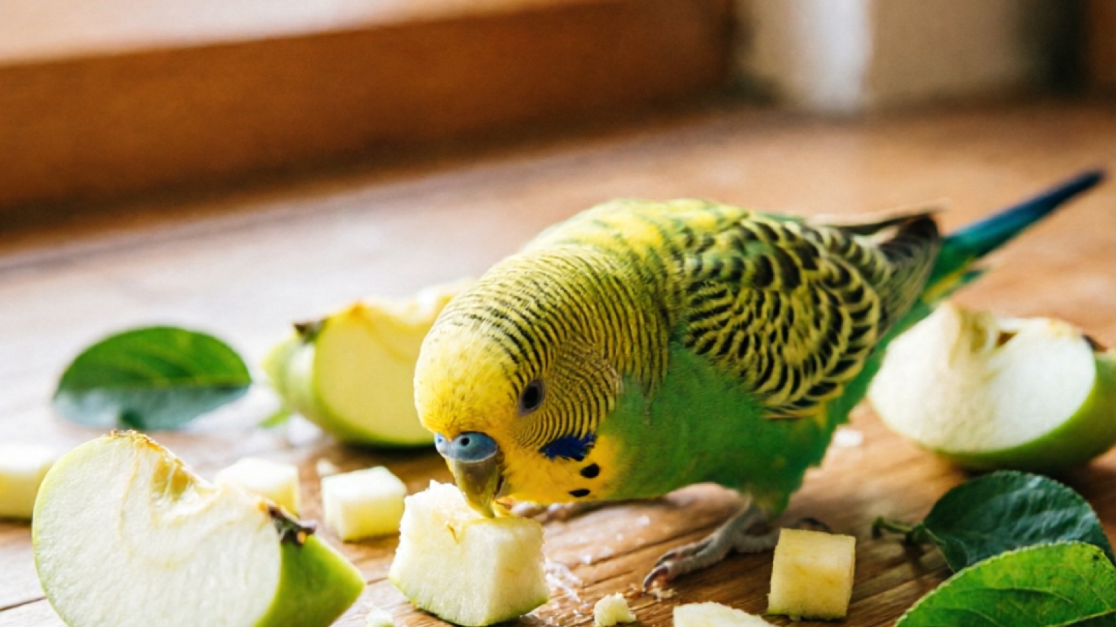 Budgie foraging with apple pieces in cage