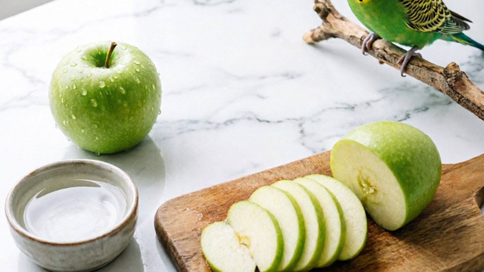 Fresh apple slices prepared for budgie feeding