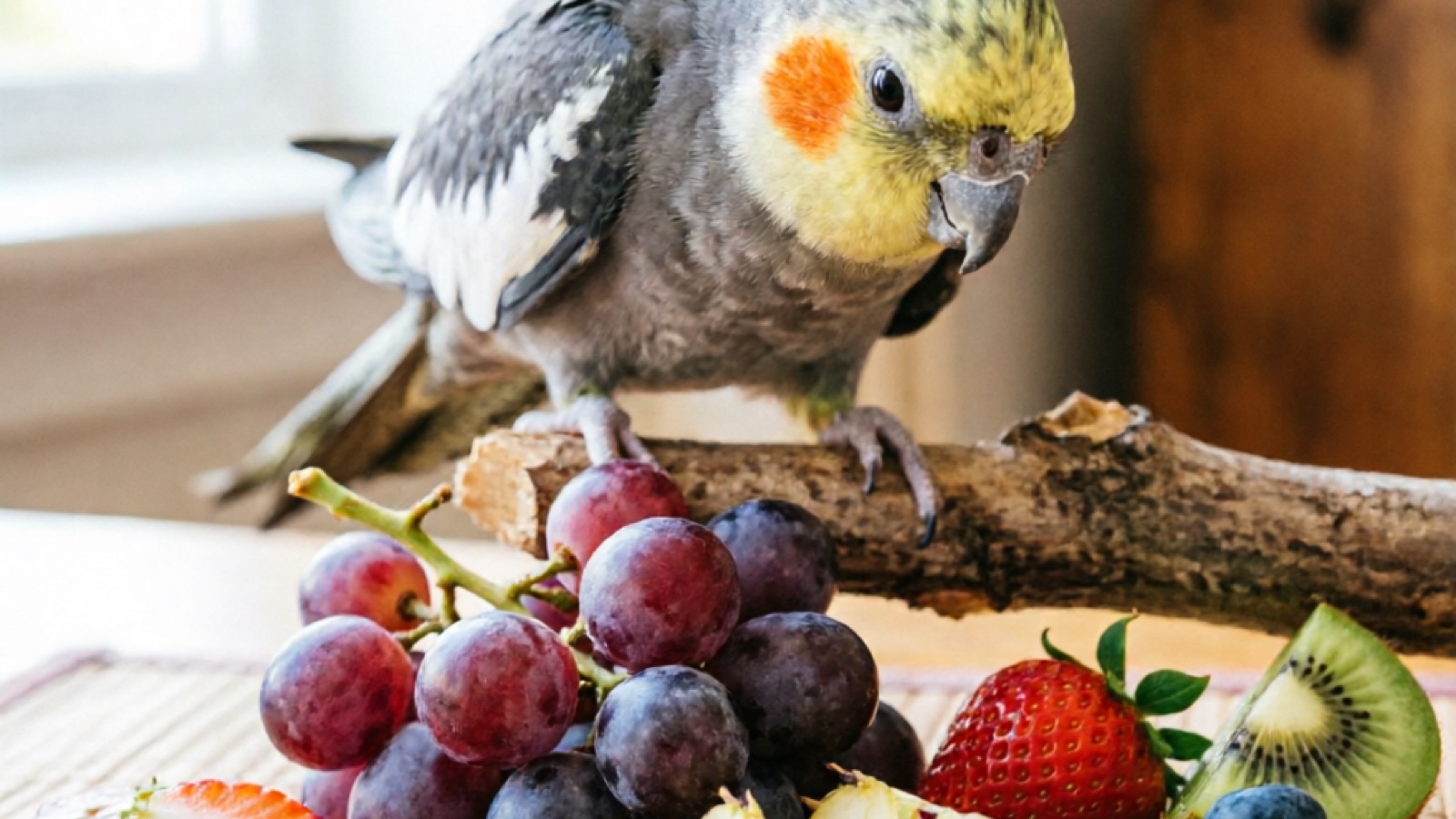 Cockatiel foraging with fruit treats