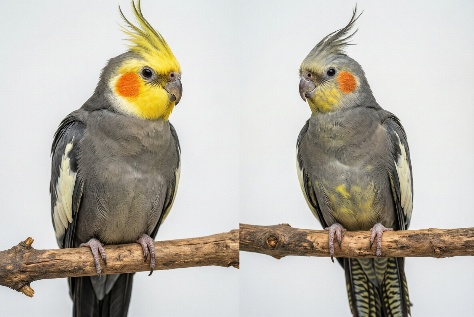 Male and female cockatiel side by side comparison showing visual sex differences in face color, cheek patches, and tail feather patterns