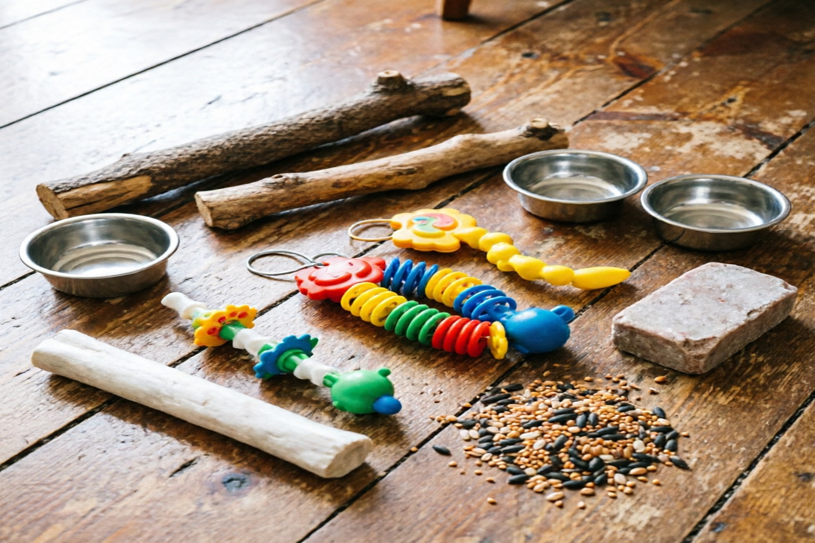 Parakeet cage accessories: perches, bowls, toys, and cuttlebone