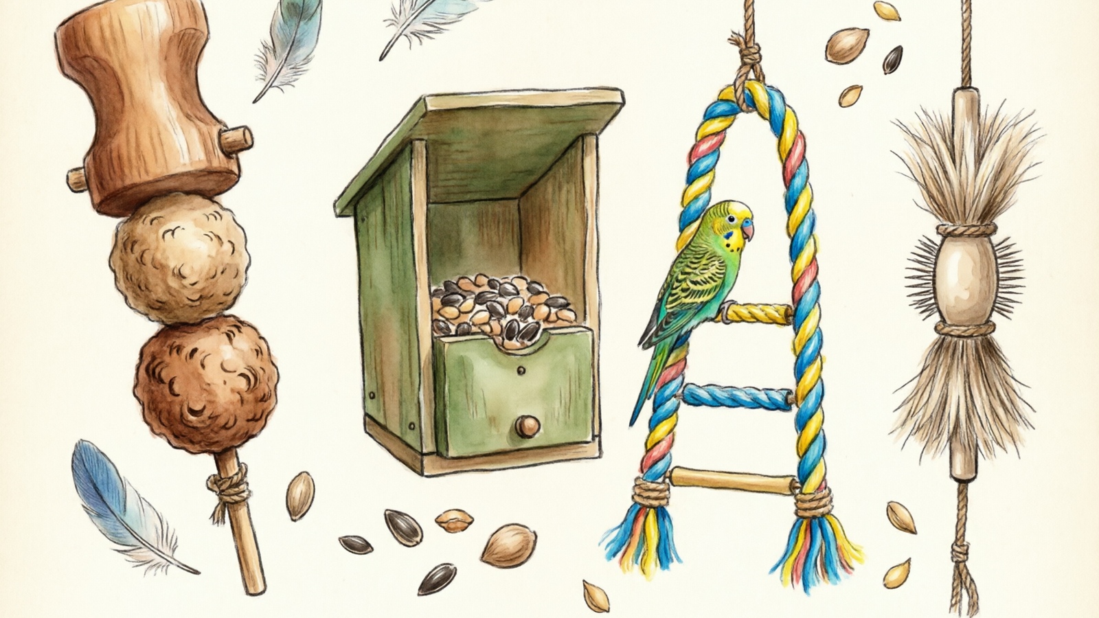 Hand-drawn watercolor illustration showing four types of parakeet toys arranged in a grid with labels: chew toys, foraging toys, swing toys, and interactive toys