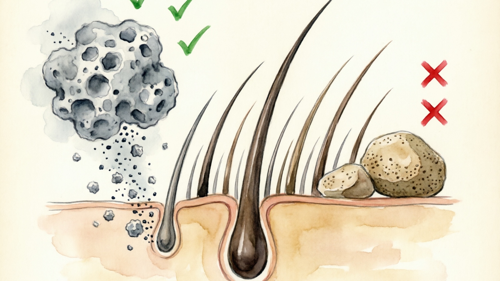 Hand-drawn watercolor illustration comparing volcanic pumice dust and regular sand showing particle differences for chinchilla bathing