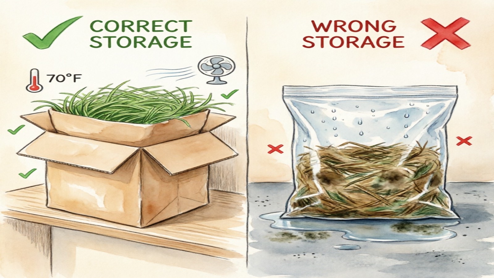 Hand-drawn watercolor split illustration of correct vs incorrect hay storage methods