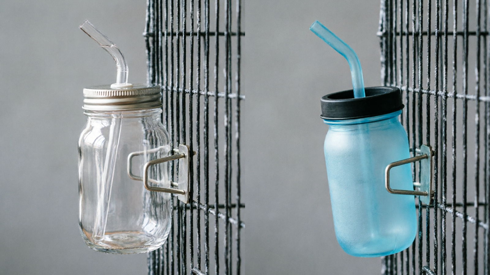 Hand-drawn watercolor split comparison illustration showing a sturdy clear glass water bottle on the left with green checkmark and chew-proof metal spout, versus a cracked chewed plastic bottle on the right with red X mark, pastel watercolor background, clean labels reading Glass Safe and Plastic Risk, educational pet care poster style