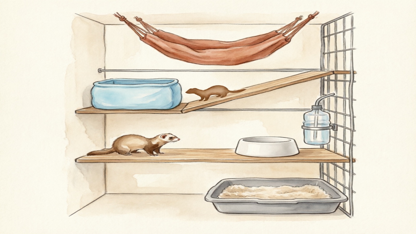Hand-drawn watercolor illustration showing the interior layout of a multi-level ferret cage with four visible tiers and labeled elements