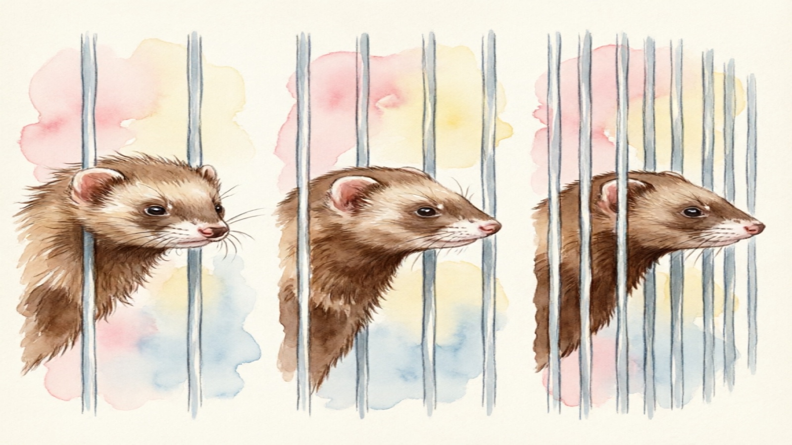 Hand-drawn watercolor illustration comparing three different wire cage bar spacings side by side with ferret head silhouettes