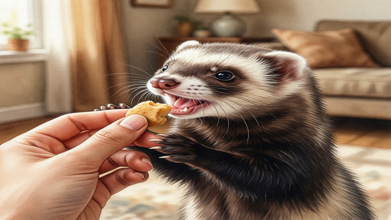 Close-up of N-Bone Soft Treats being hand-fed to a ferret, showing the soft chew texture and ferret eagerly eating