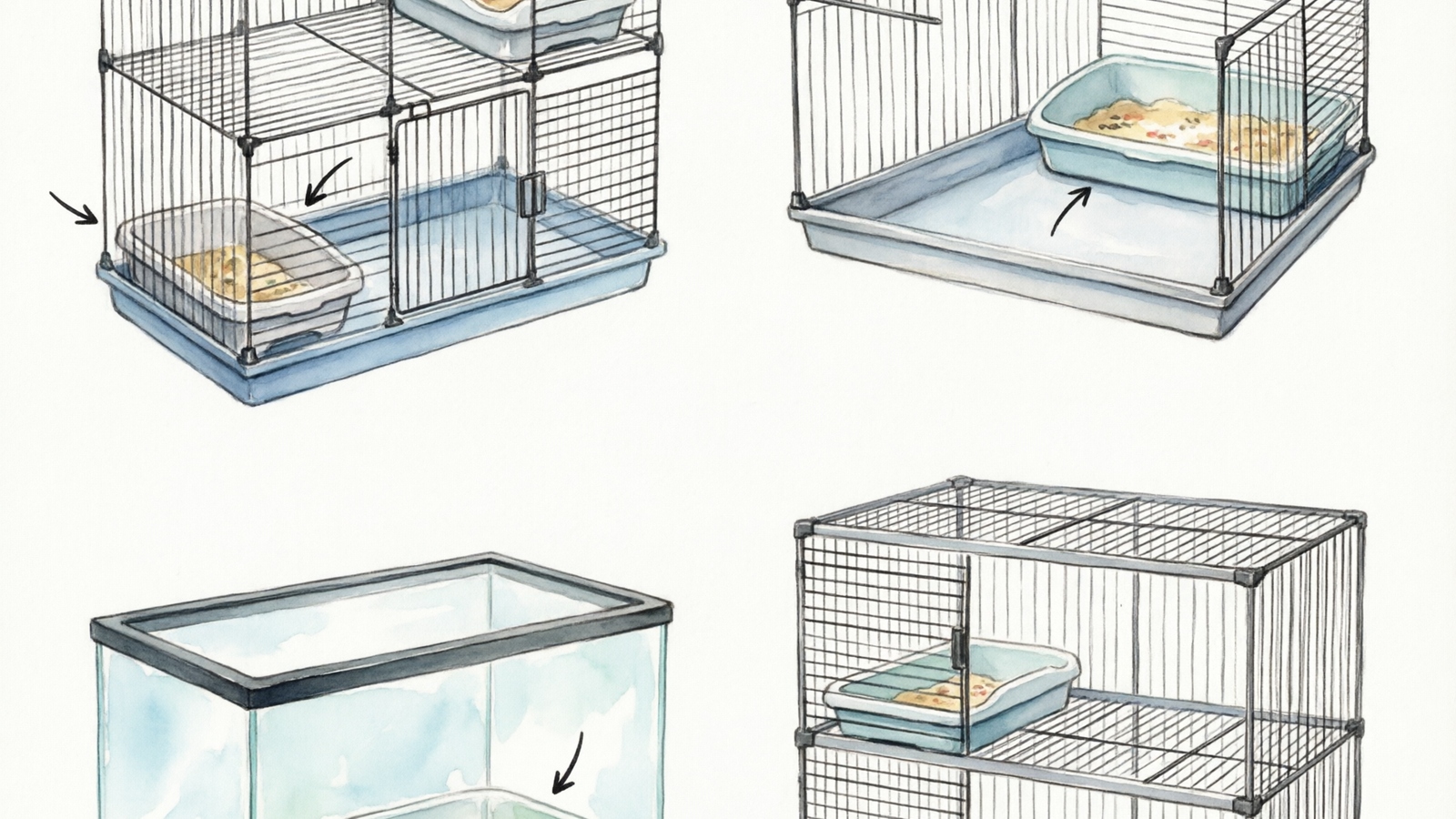 Four cage types with recommended litter box placements