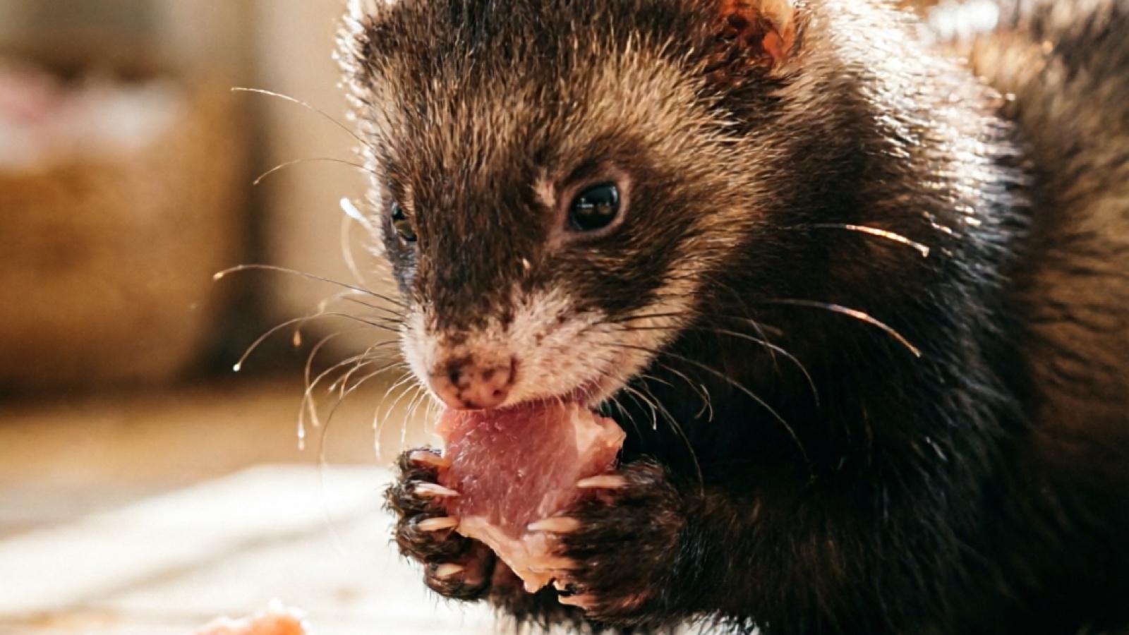 Ferret eating raw chicken neck