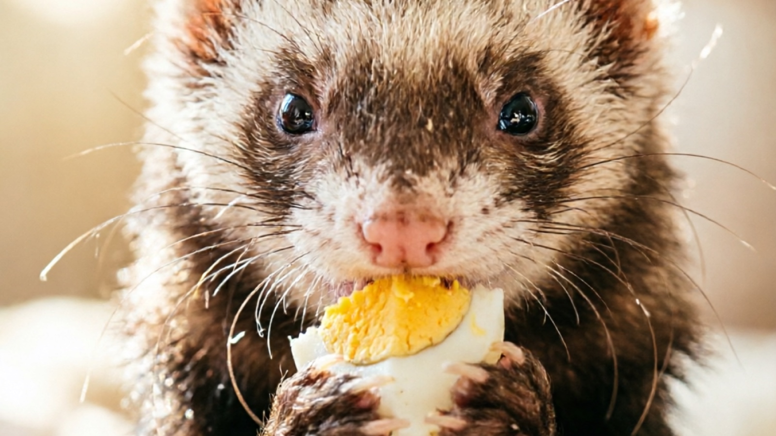 Ferret investigating a cooked egg
