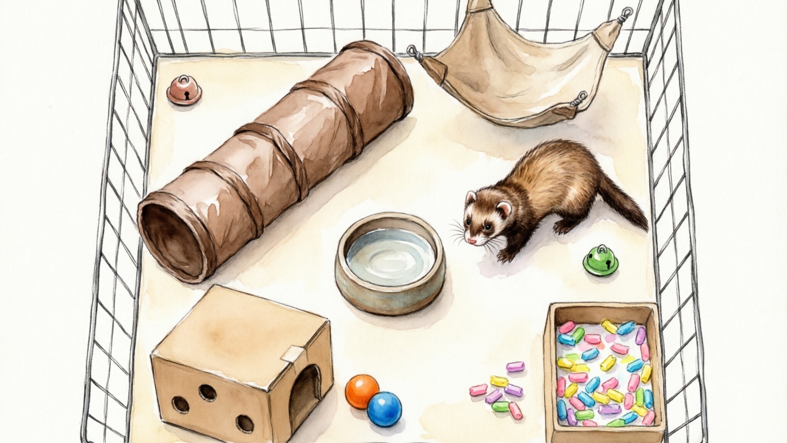 Hand-drawn watercolor bird's-eye view of a well-equipped ferret playpen interior with labeled enrichment items