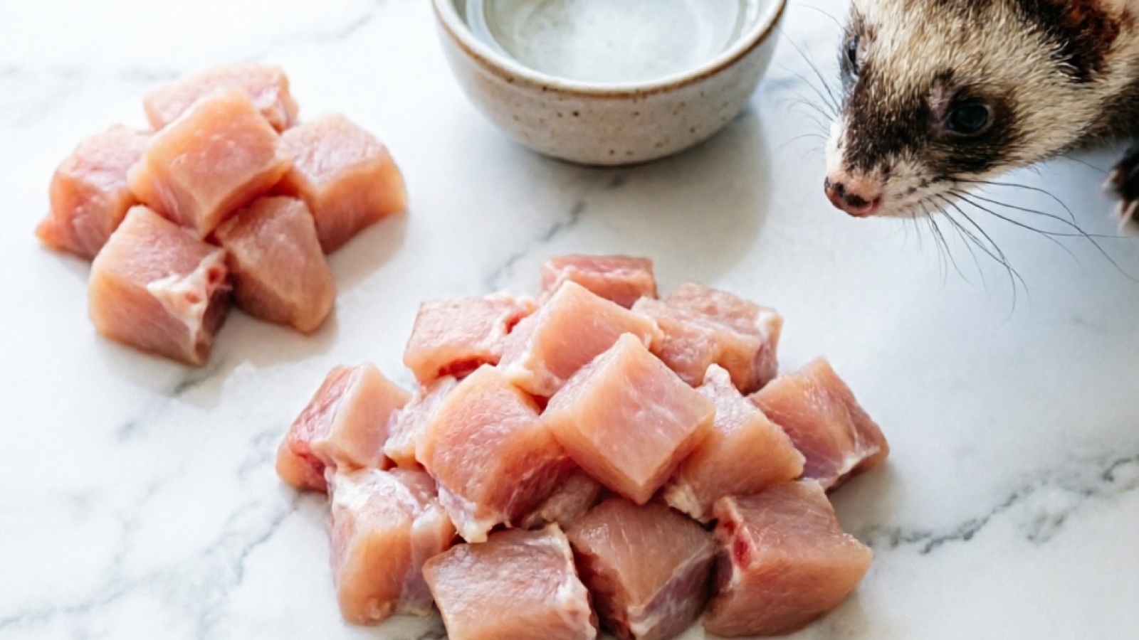 Raw chicken pieces prepared for ferret feeding