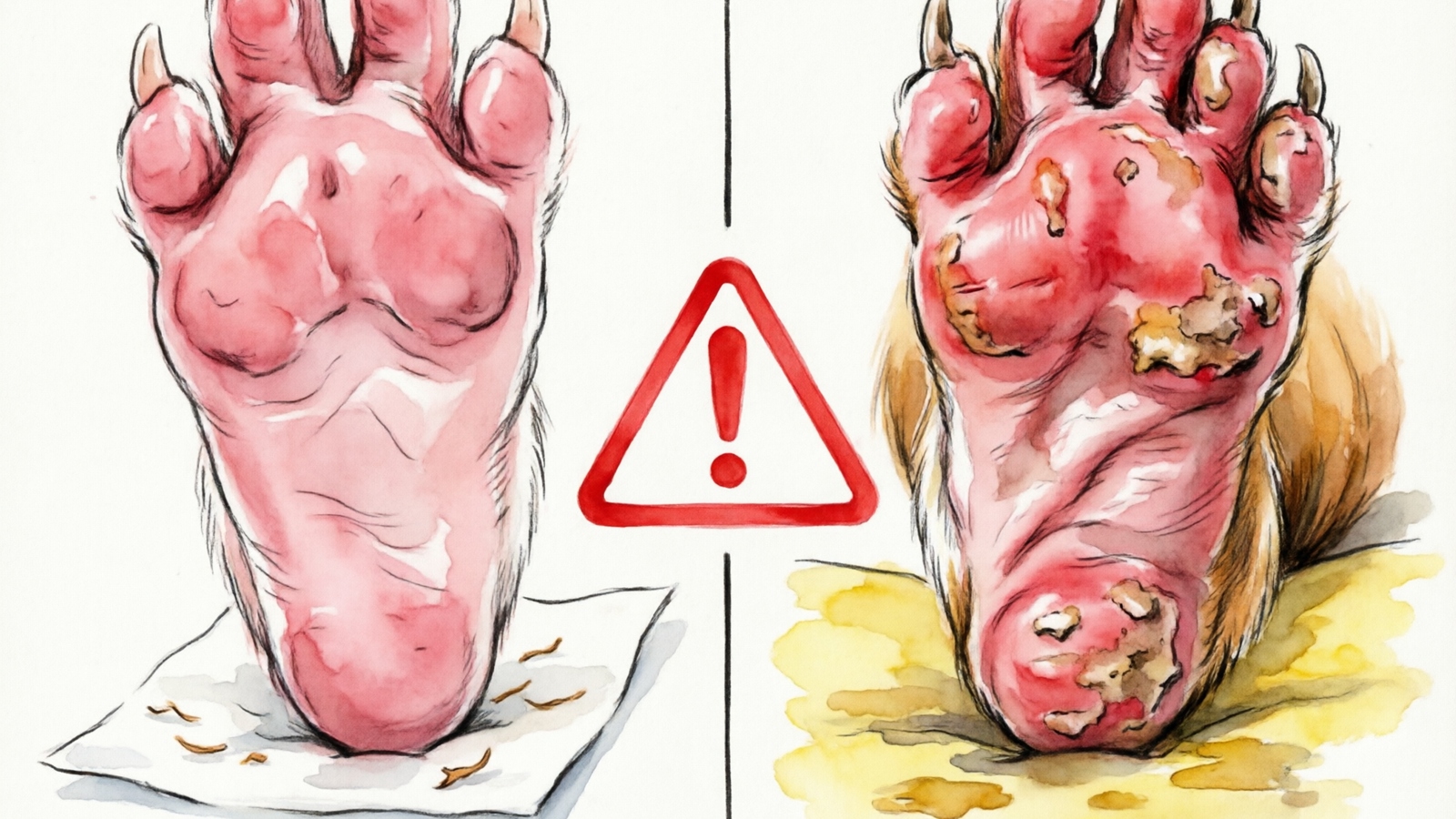 Hand-drawn watercolor illustration comparing healthy vs bumblefoot-affected guinea pig feet on dry vs wet bedding