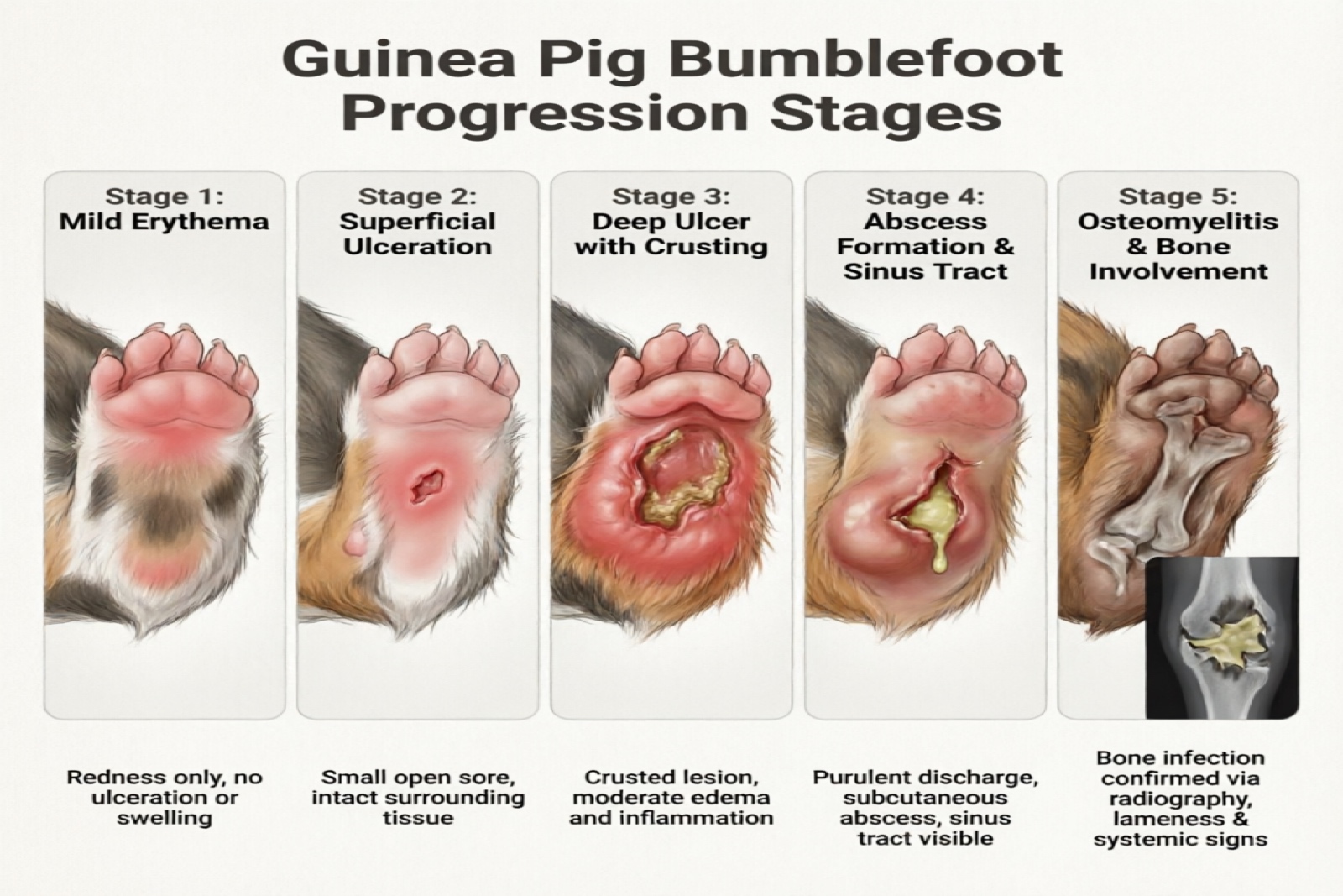 5 stages of guinea pig bumblefoot progression from mild to severe