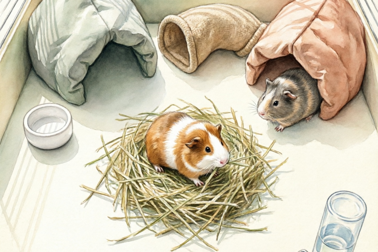 Spacious guinea pig cage setup with hides, hay, and open floor space