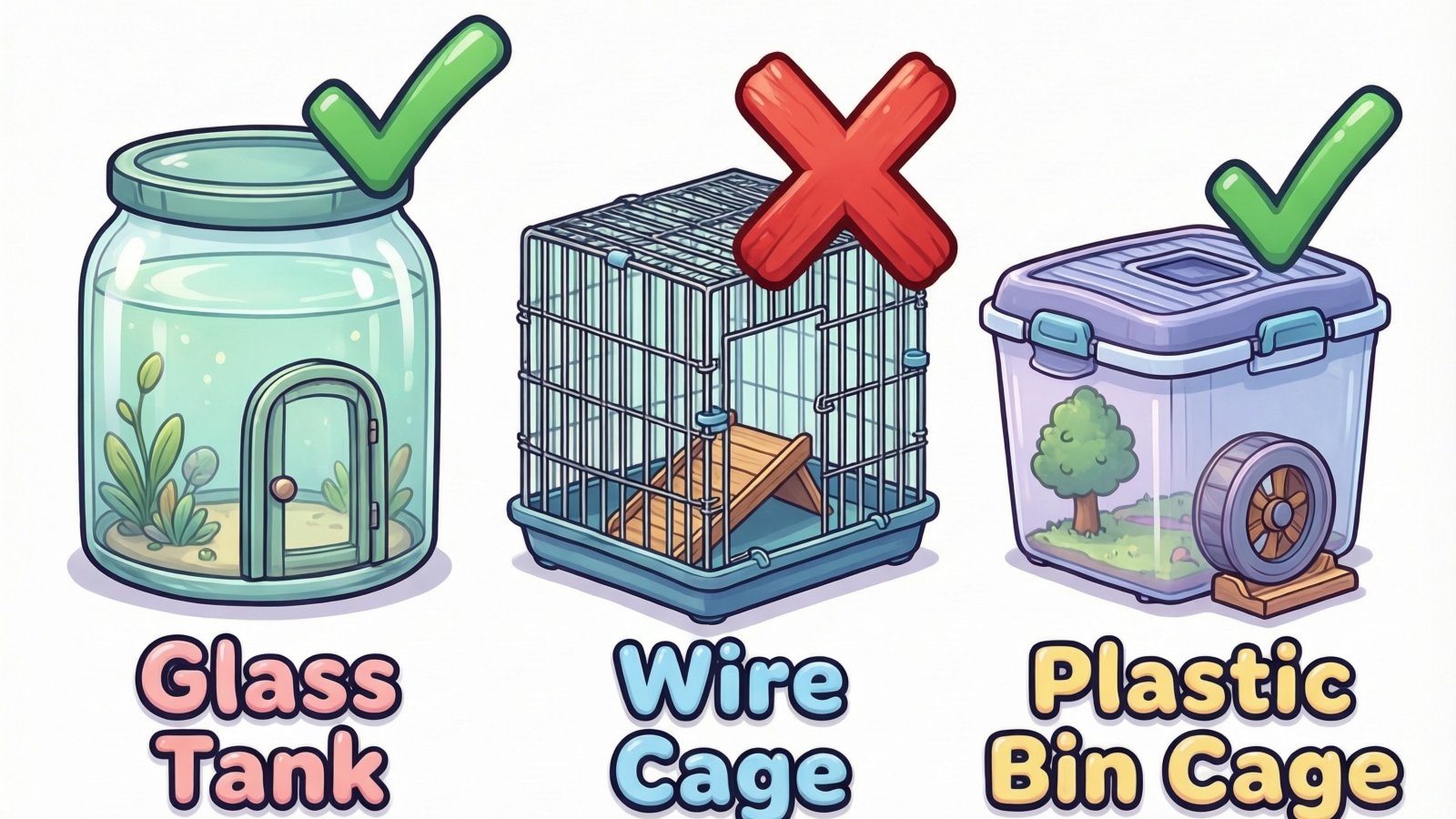 Complete hamster cage setup checklist overview showing all six essentials properly arranged in a 40-gallon breeder tank with wheel bedding hides water bottle and food dish