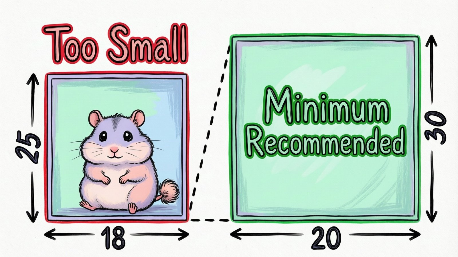 Three hamster cage types side by side comparison: glass tank wire cage and DIY bin cage each meeting 775 square inch minimum floor space requirement