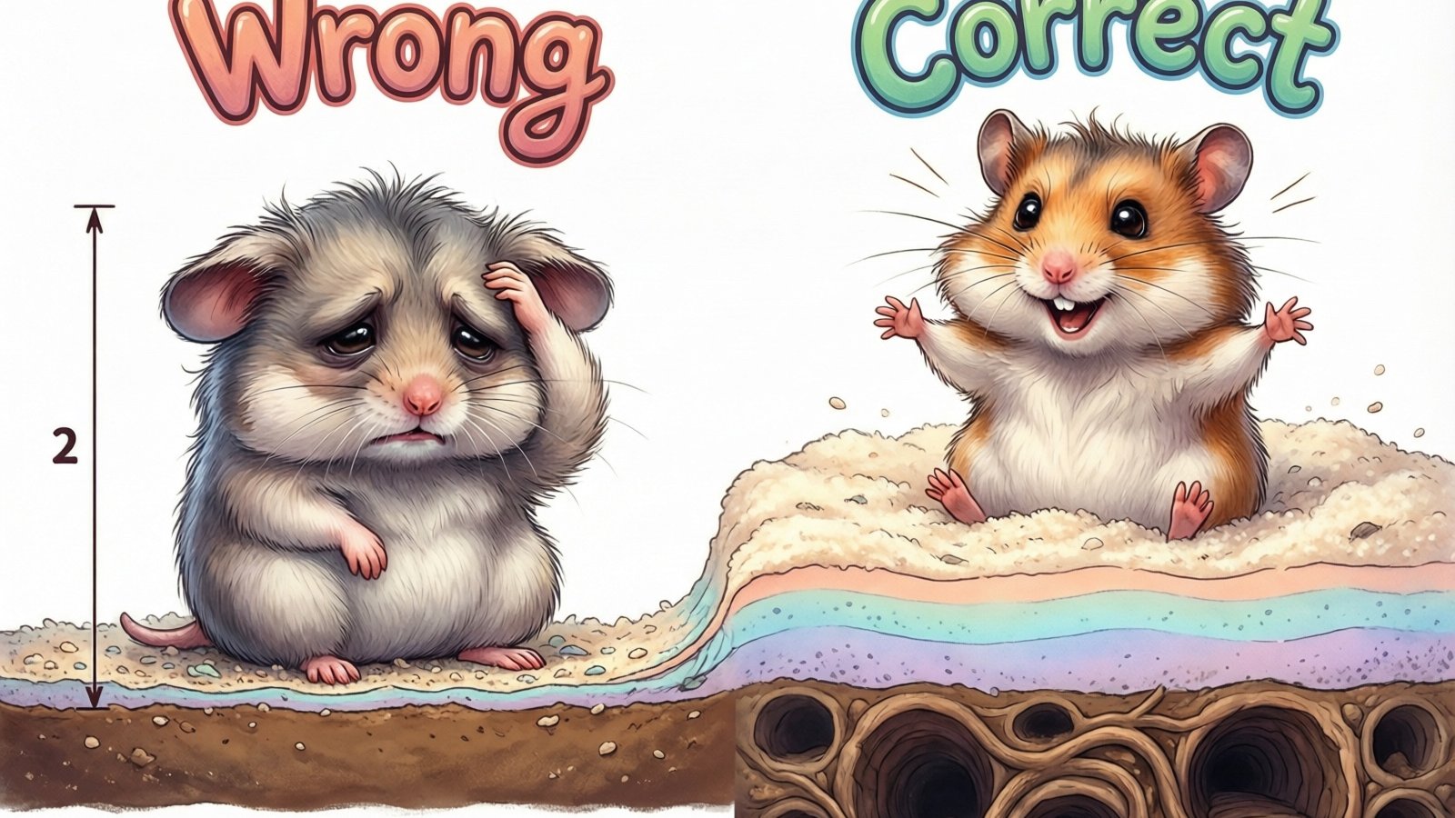 Hamster cage with proper 8-inch deep paper bedding demonstrating correct burrowing depth for Syrian hamster cage setup