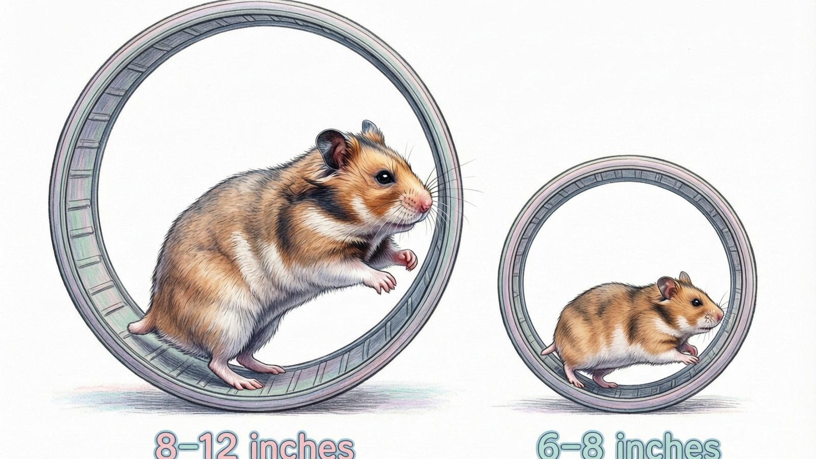 Hamster wheel size comparison chart showing 11-inch wheel for Syrian hamster versus 7-inch wheel for dwarf hamster in cage setup