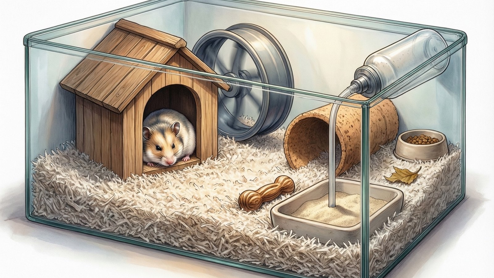 Hamster cage water bottle mounted on glass tank wall with ceramic food dish on bedding surface in proper cage setup