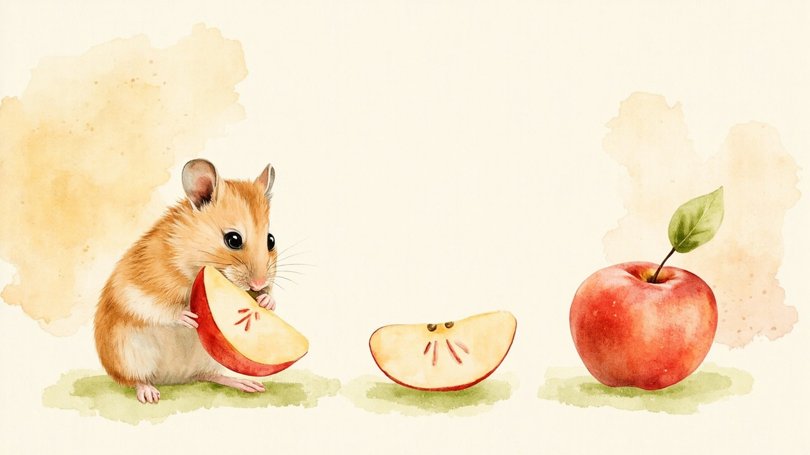 Hamster nibbling a tiny apple slice with whole apple and seedless slice sketches showing safe vs unsafe parts