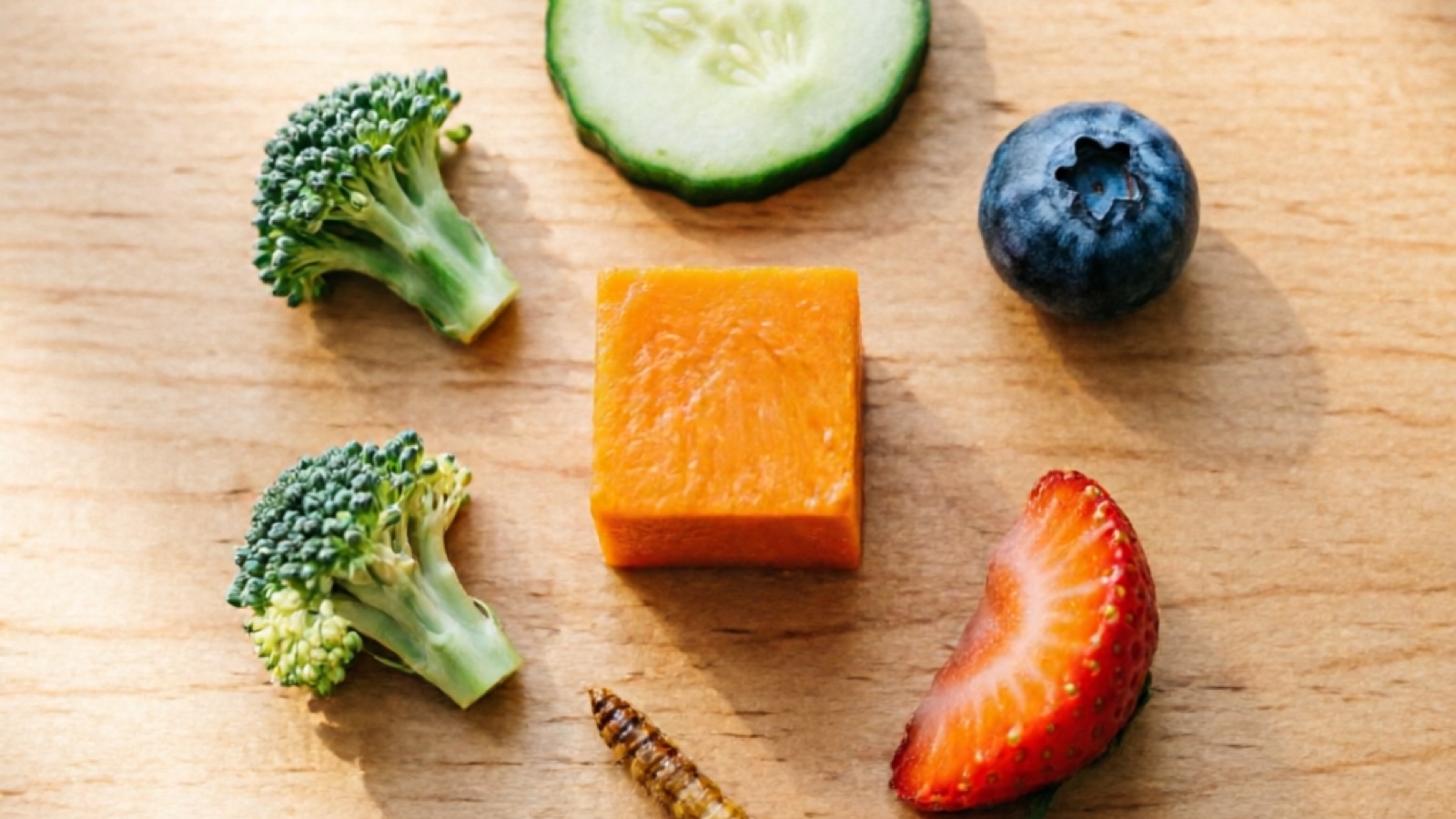 Comparison layout showing a pumpkin cube portion alongside safe alternatives cucumber slice broccoli floret blueberry strawberry piece and a small mealworm all in hamster-appropriate sizes