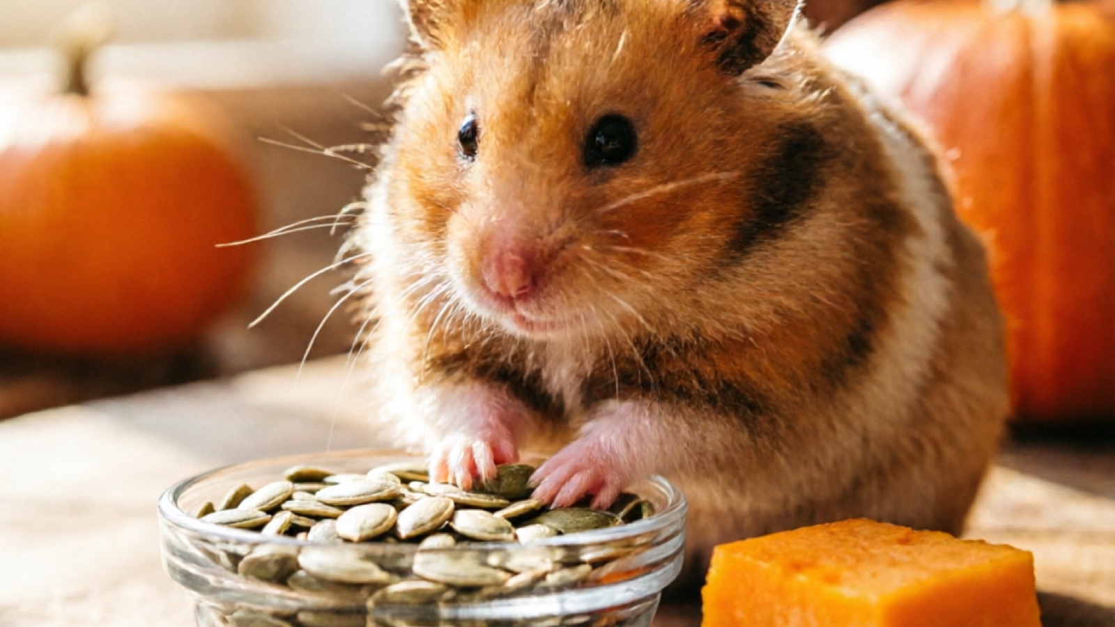 Fresh raw pumpkin seeds scooped from a pumpkin displayed next to a cleaned pumpkin cube ready for hamster feeding