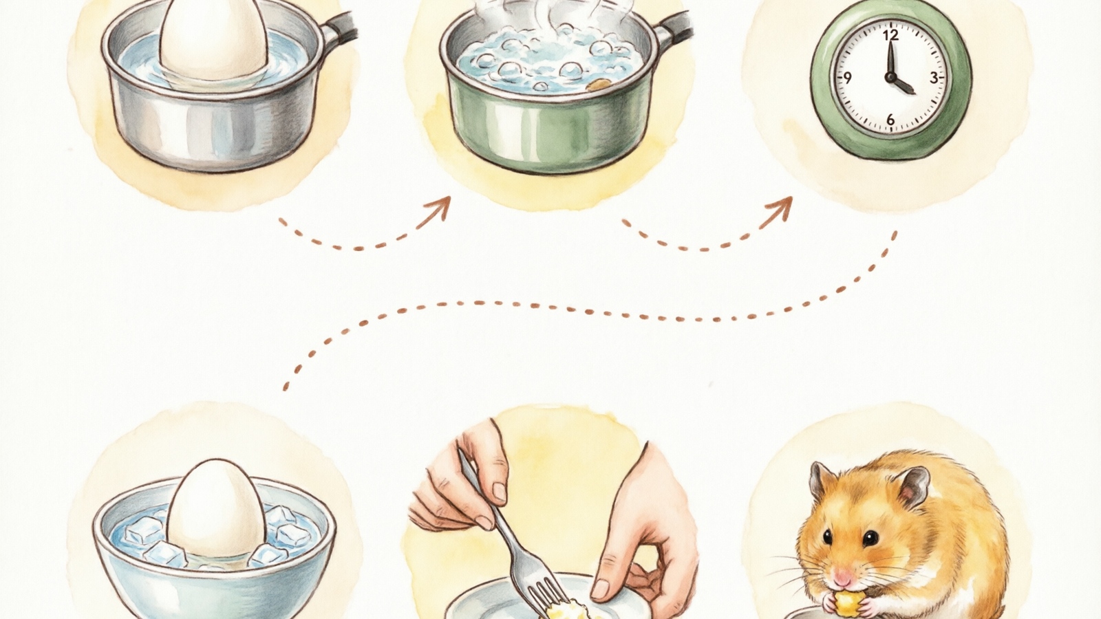 Hand-drawn watercolor 6-step guide showing how to prepare hard-boiled eggs for a hamster from boiling to serving