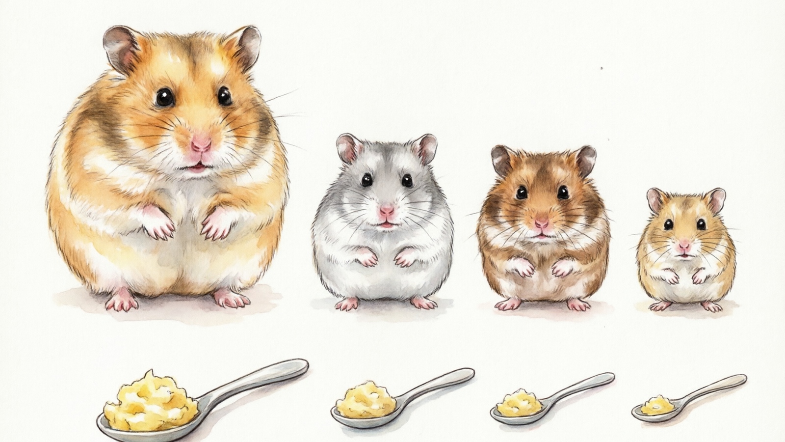 Hand-drawn watercolor comparison chart showing five hamster breeds with their correct egg portion sizes from Syrian to Roborovski