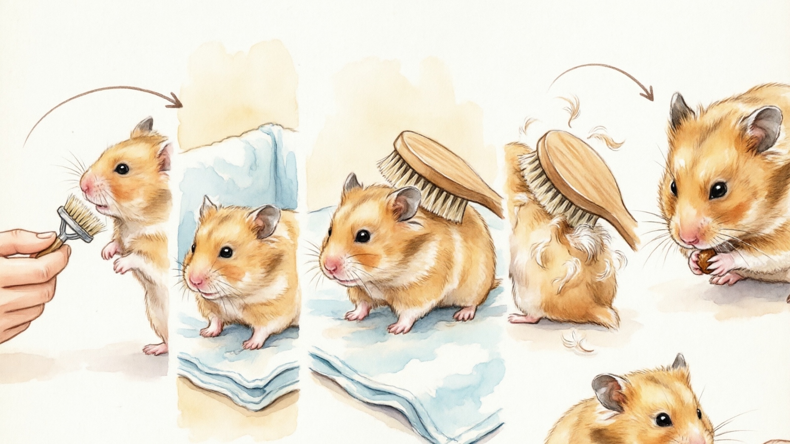 Hand-drawn watercolor step-by-step guide showing 5 steps to brush a hamster safely