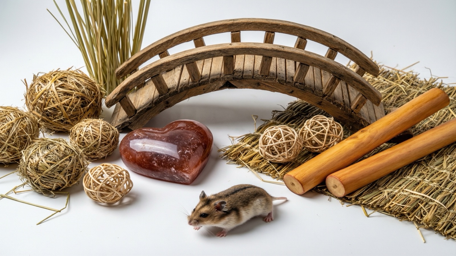 Assorted hamster chew toys including wooden sticks, hay balls, and natural chews arranged on a surface