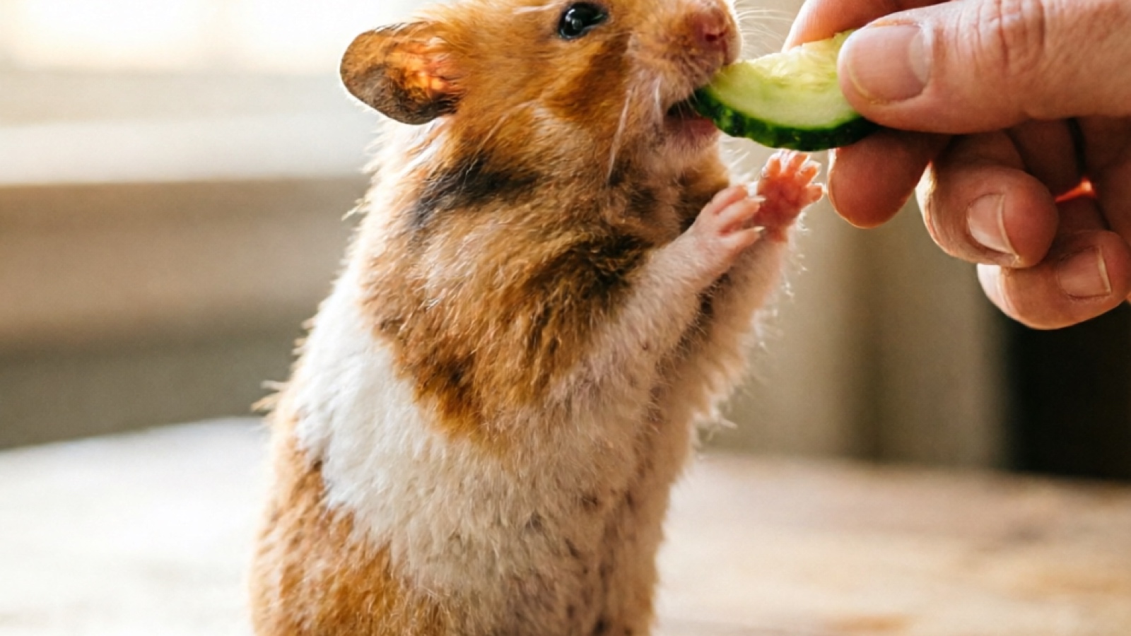 Hamster holding a thin cucumber slice, comparison of portion sizes by breed