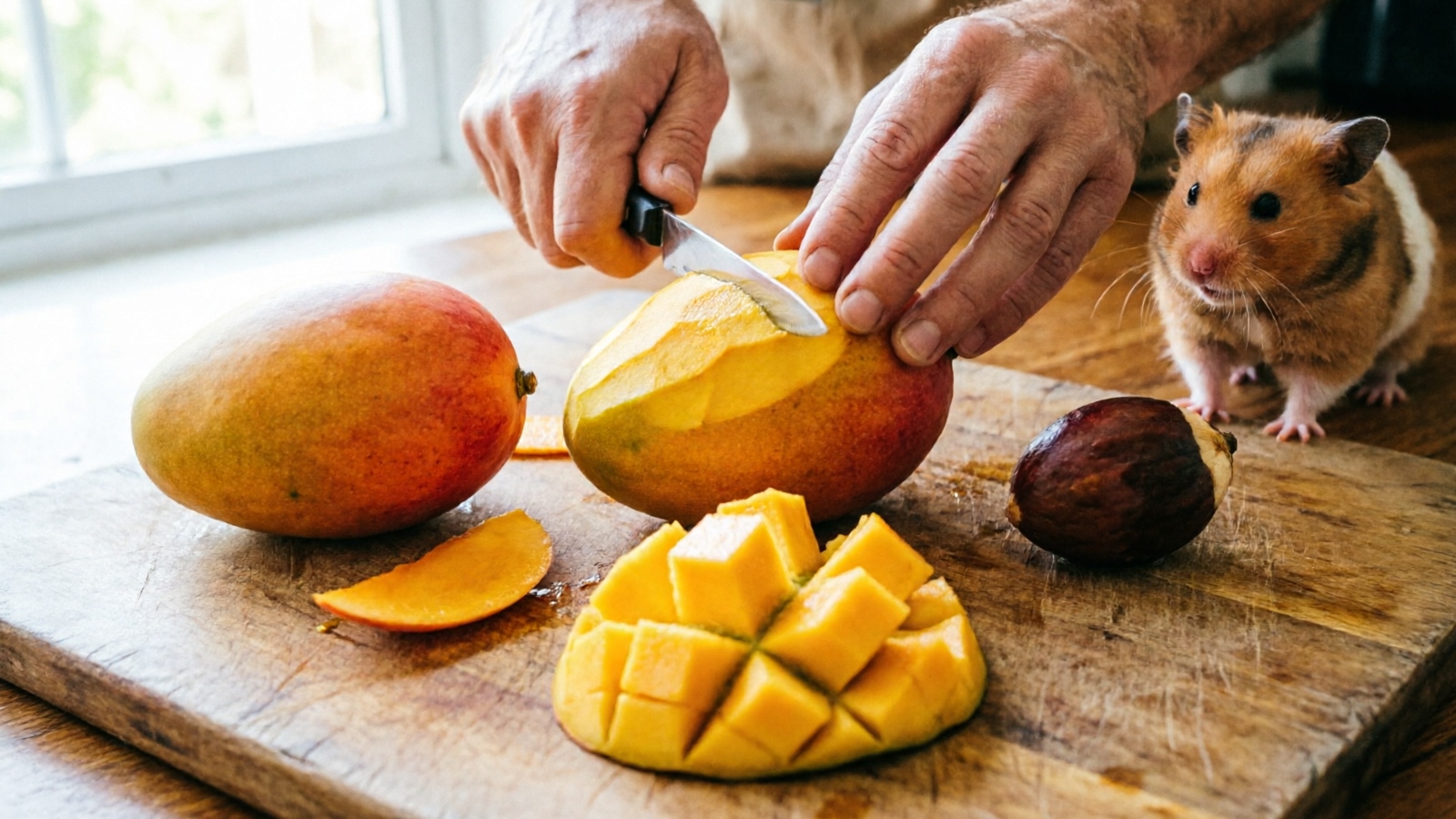 Mango preparation steps for hamsters: peeling, cutting away from pit, and portioning