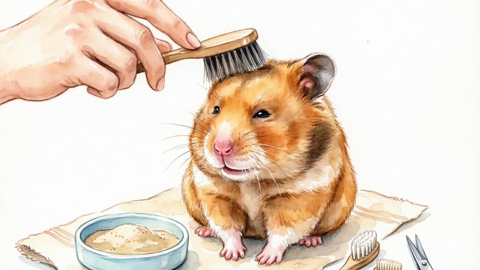Teddy Bear hamster being gently groomed with a soft brush