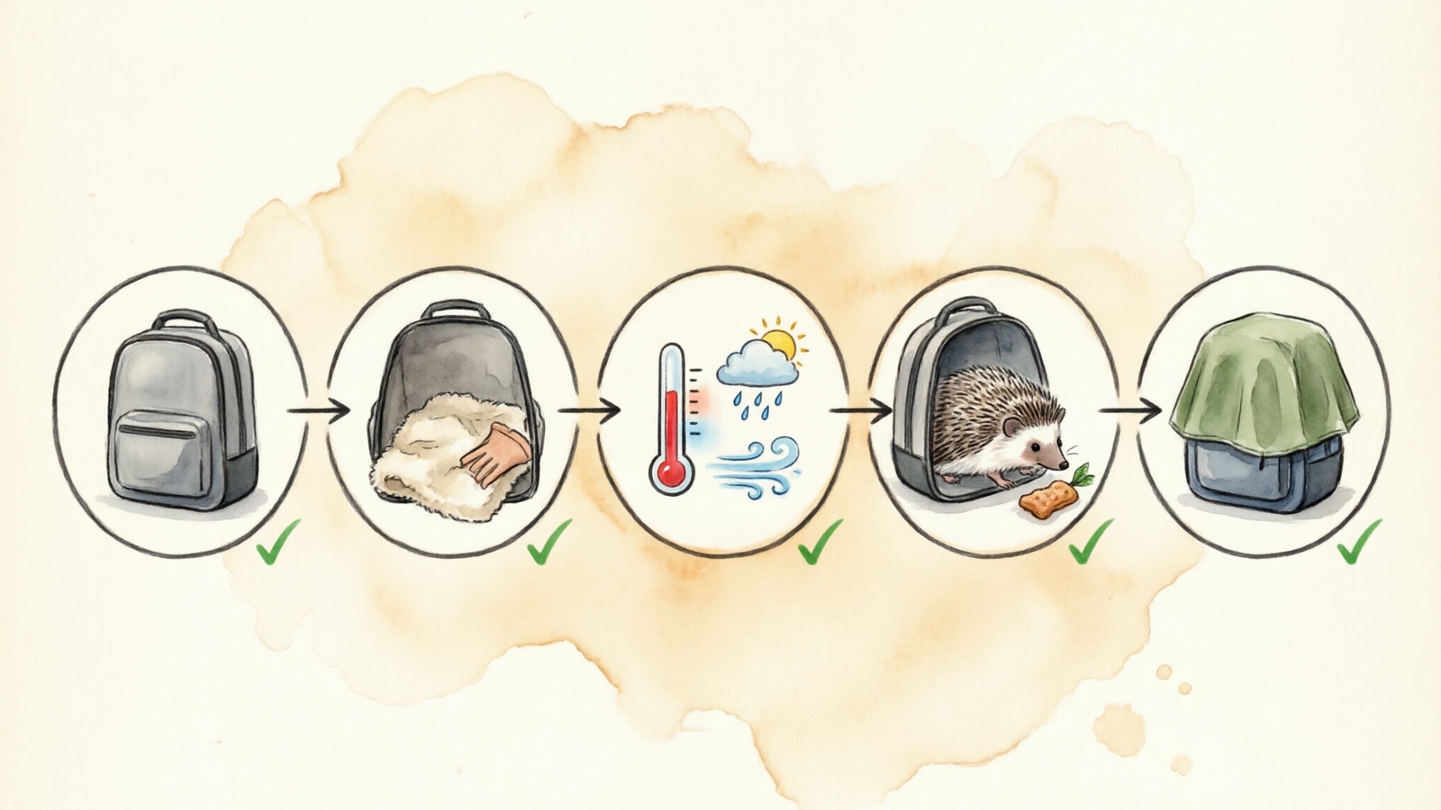 Hand-drawn watercolor illustration showing a 5-step hedgehog travel preparation checklist with carrier choice, bedding, temperature, acclimation and transport steps