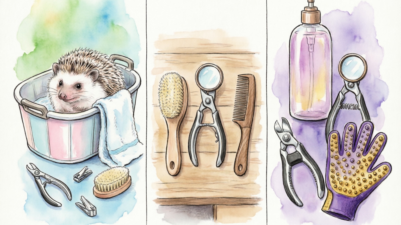 Hand-drawn watercolor illustration divided into three vertical panels comparing hedgehog grooming kit types — left panel shows a complete bath kit with pastel foldable tub containing a hedgehog surrounded by nail clippers and brushes, middle panel shows a basic tool set with soft brush and nail clipper on wood surface, right panel shows a premium build-your-own kit with shampoo bottle and professional clippers and silicone glove
