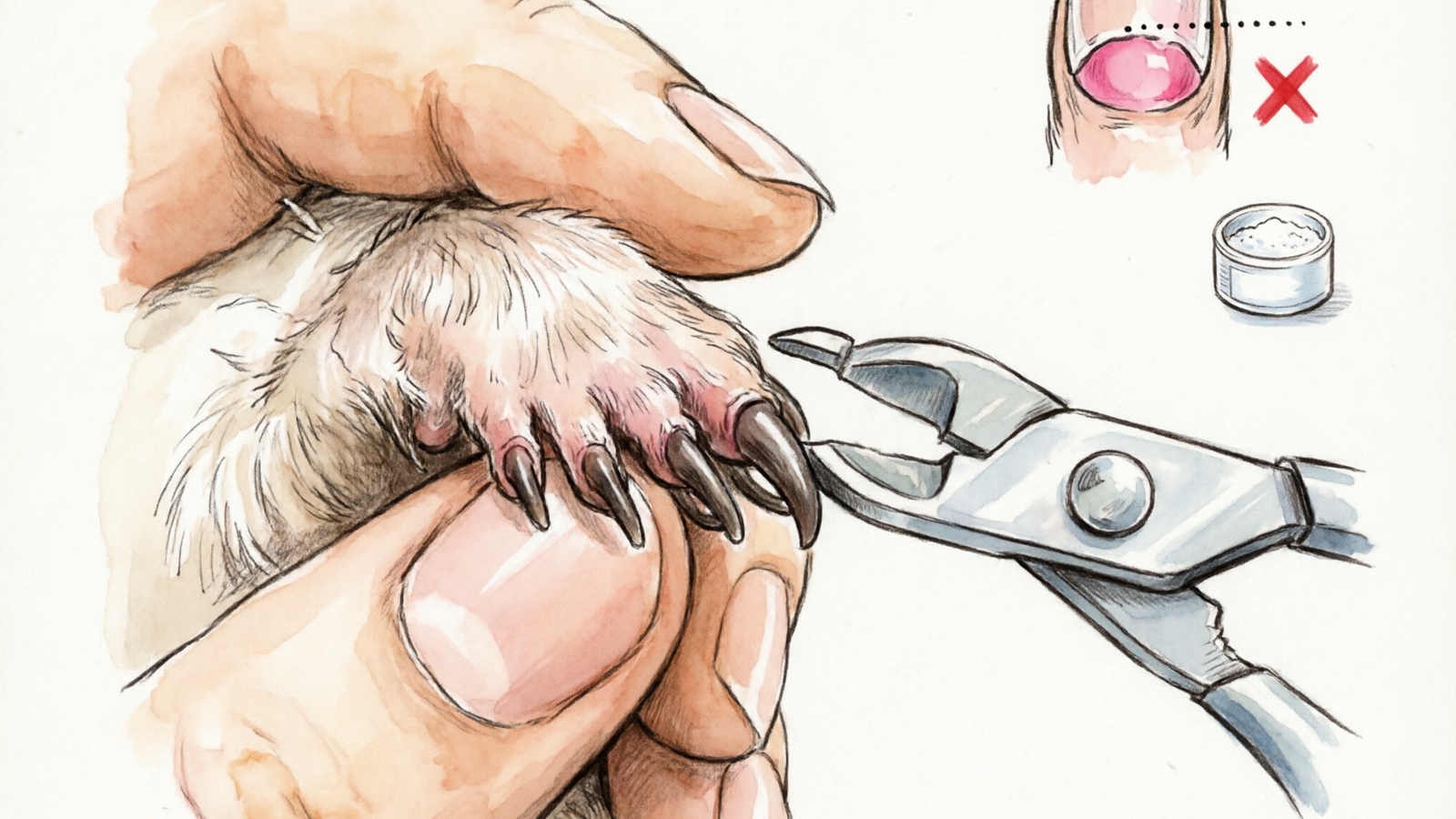 Hand-drawn watercolor instructional illustration showing correct hedgehog nail trimming technique — close-up of a small hedgehog paw with tiny dark claws held gently between two fingers, small scissor-style nail clippers with safety guard positioned at correct angle clipping only the tip of one nail, magnified inset showing nail structure with green checkmark on safe cutting zone and red X on the pink quick area, small cornstarch powder container nearby for emergencies